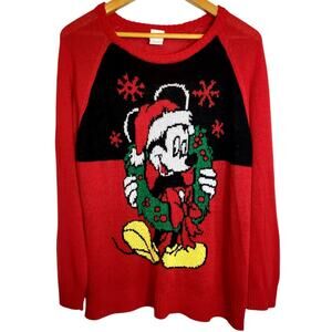 VTG 90s Disney Store Full Front Graphic Knit Sweater Mickey Mouse Christmas XXL